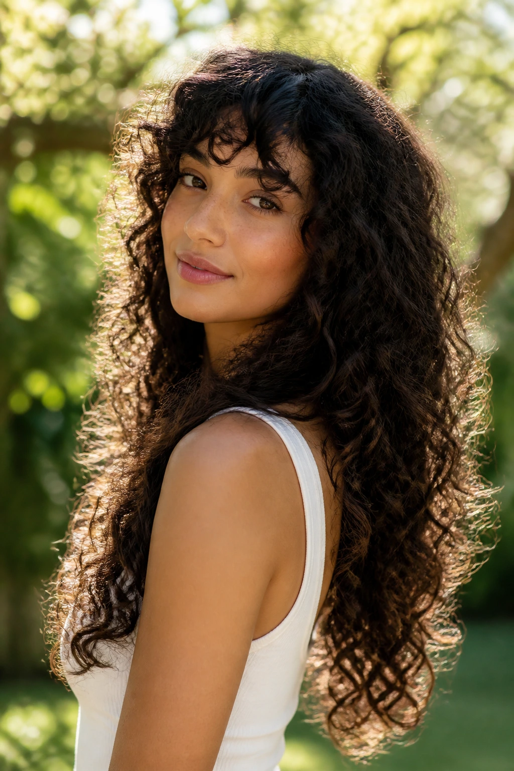 Long curly hair with razor-lifted ends in sunlit garden portrait