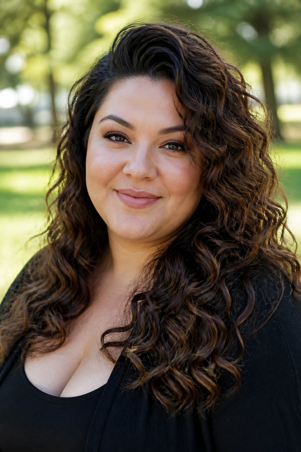 Portrait of a woman with long curls and root lift.