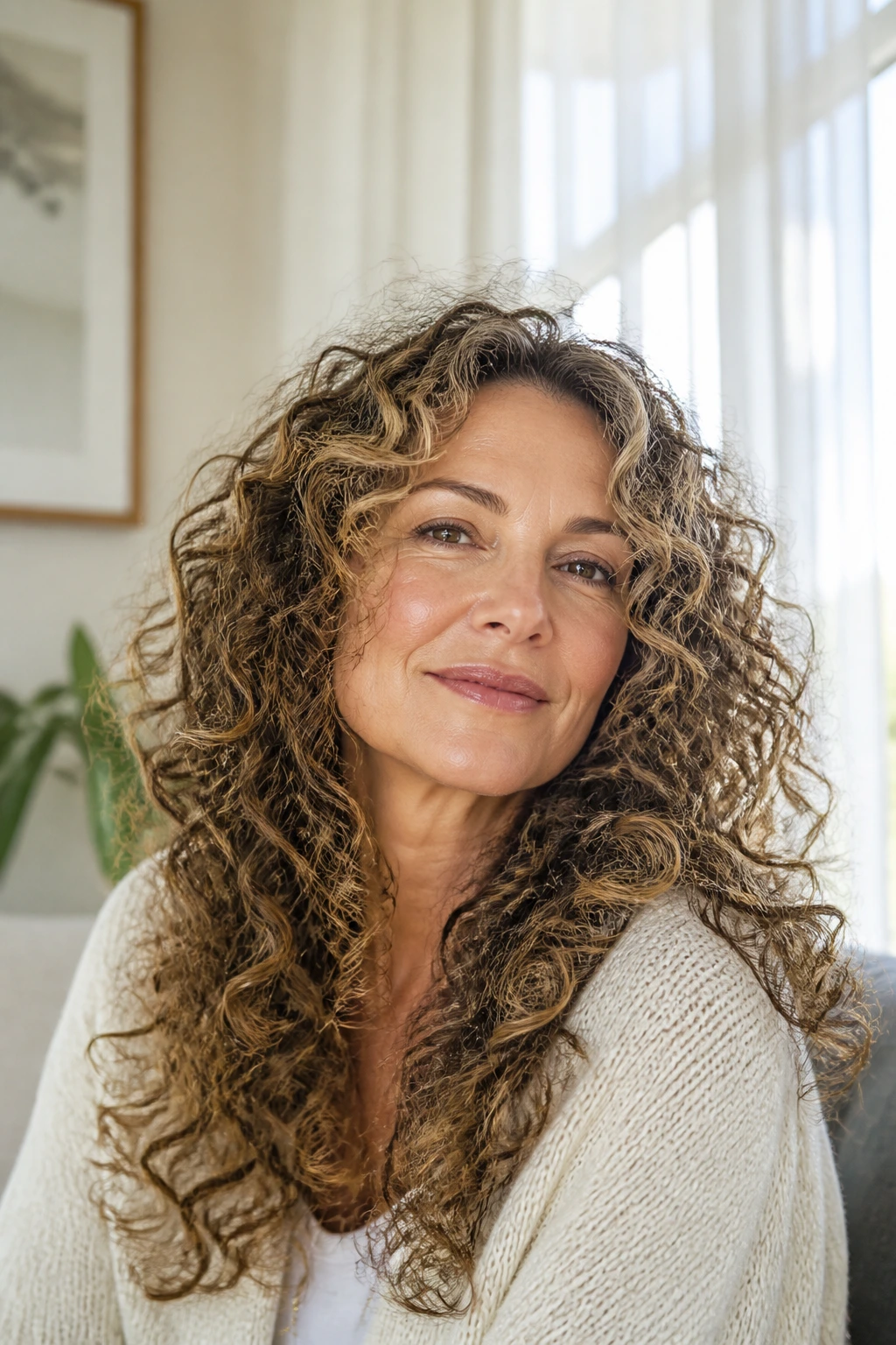 Close-up of a real woman with long curly hair styled to reduce bulk while preserving length in natural light.