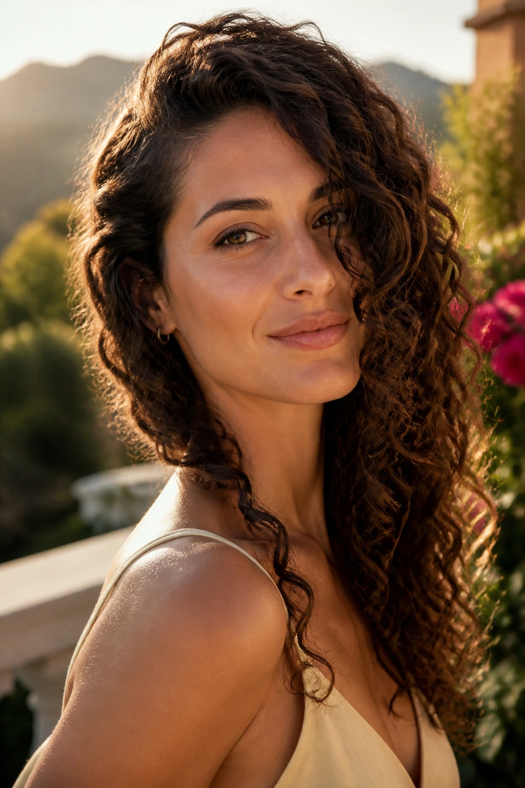 Close-up of a woman with long curls and a side sweep