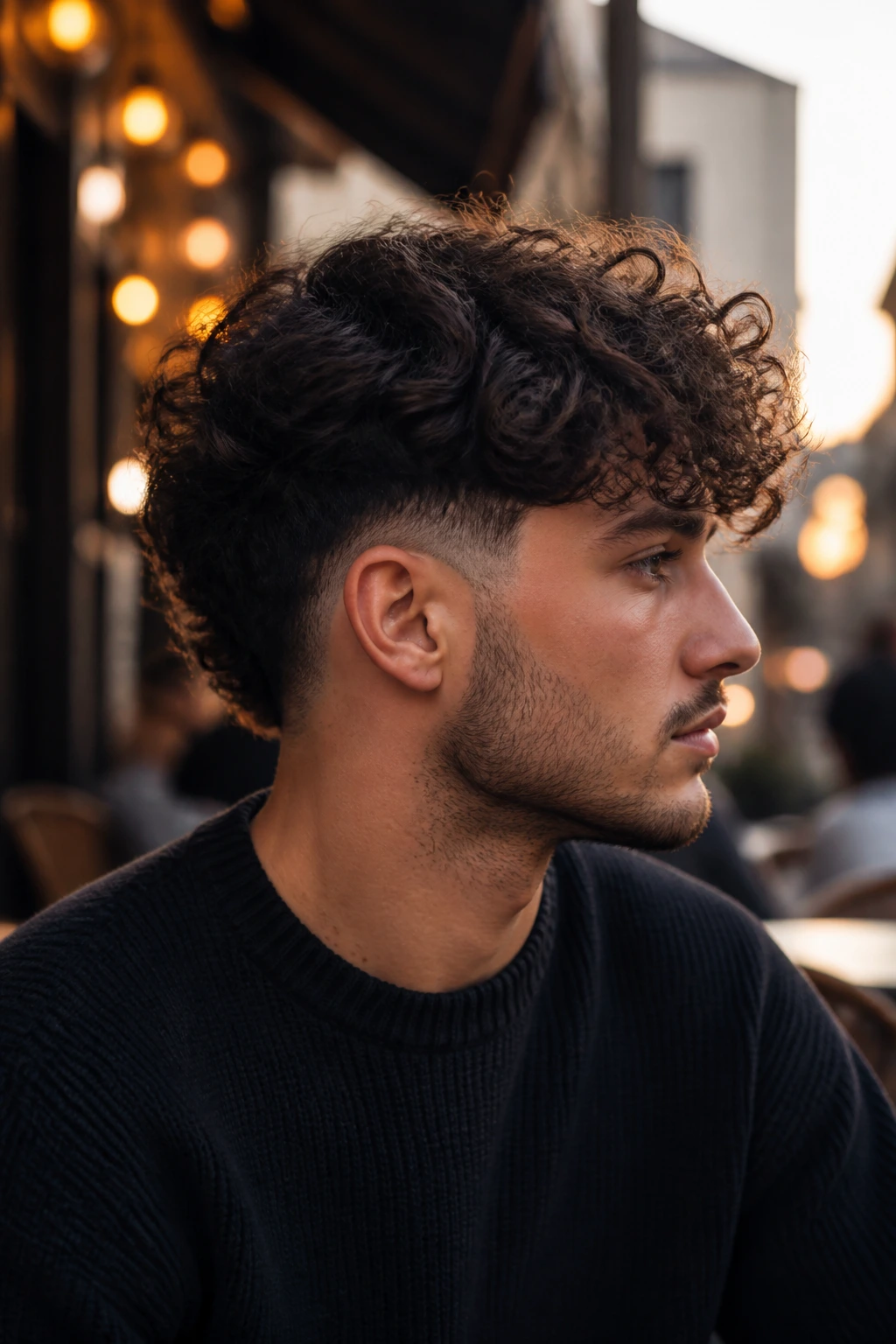 Profile shot of man with long curls and taper fade at the sides.