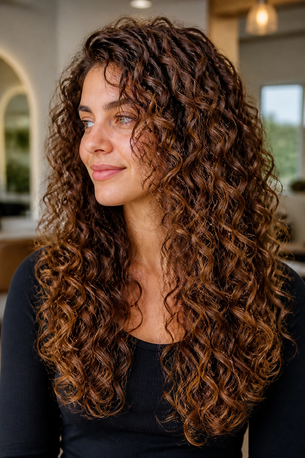 Close-up of woman with long U-shaped layered curls and preserved length in warm light