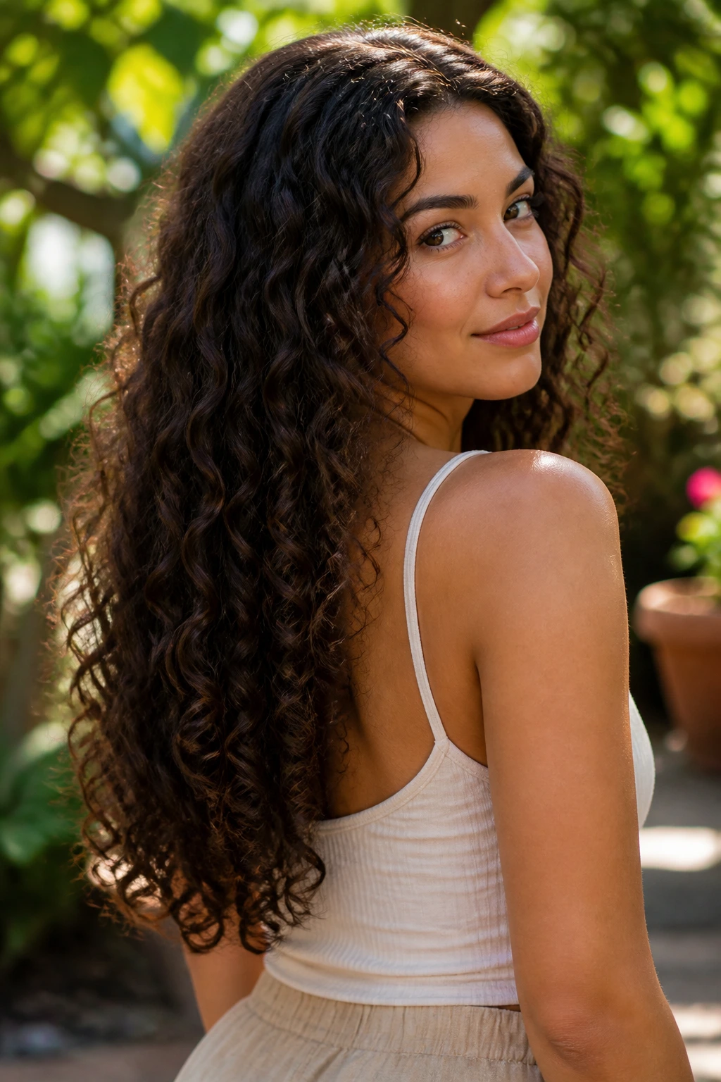 Close-up of a real woman with a U-shaped back in long curly hair outdoors