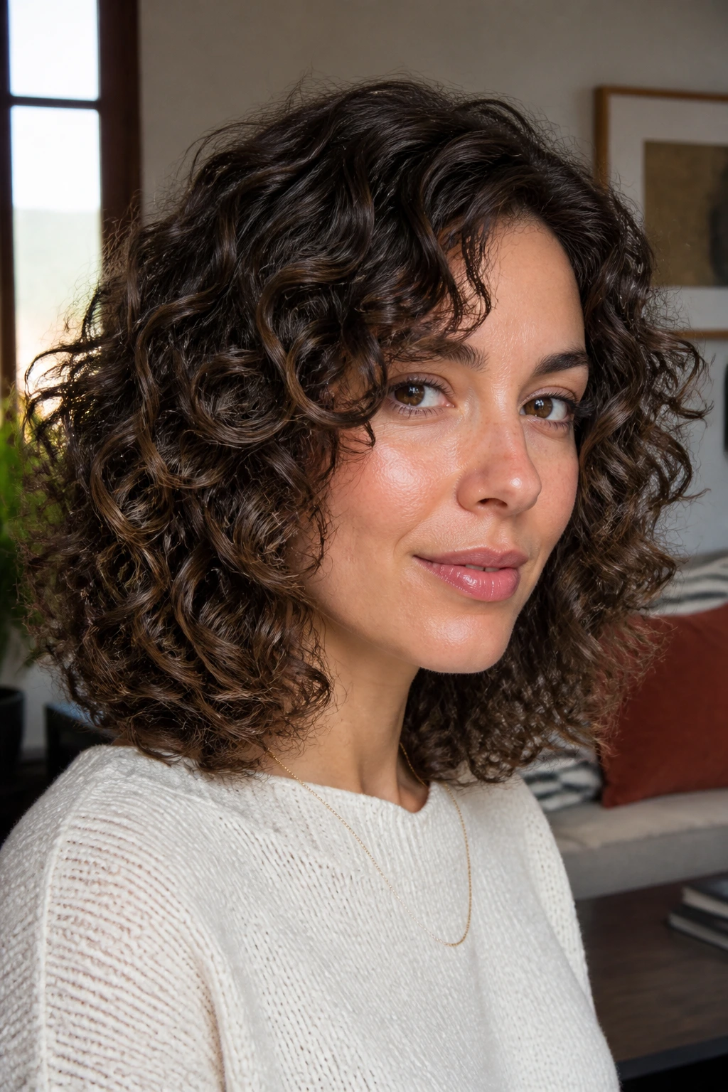 Close-up portrait of a real woman with a shoulder-length curly bob featuring hidden interior layers, natural window light.