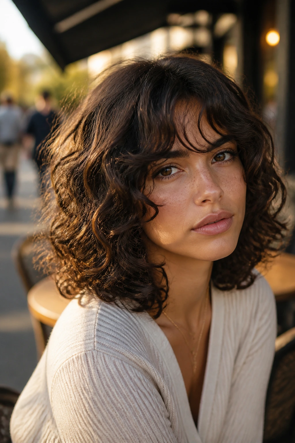 Close-up of a real woman with long bangs blending into a long curly bob