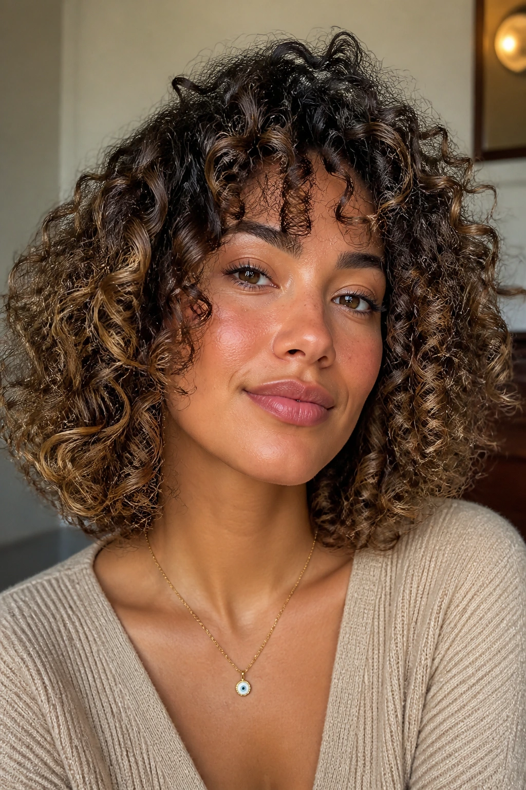 Close-up portrait of a woman with a long curly bob showing defined curls
