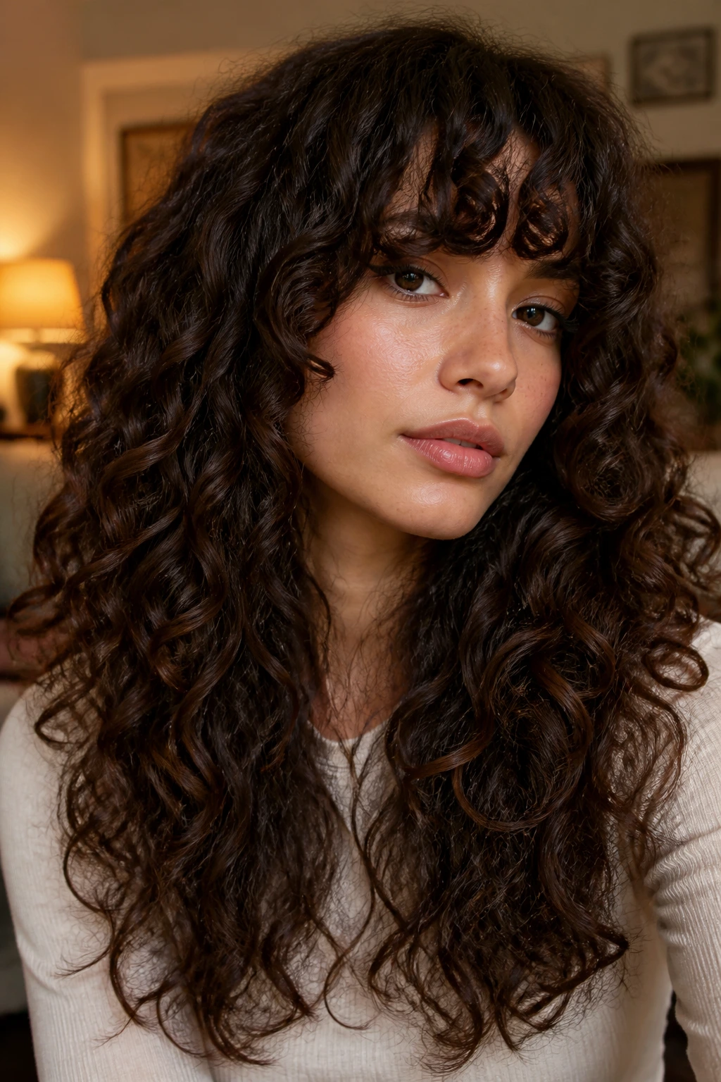 Portrait of a real woman with long curls and heavy fringe