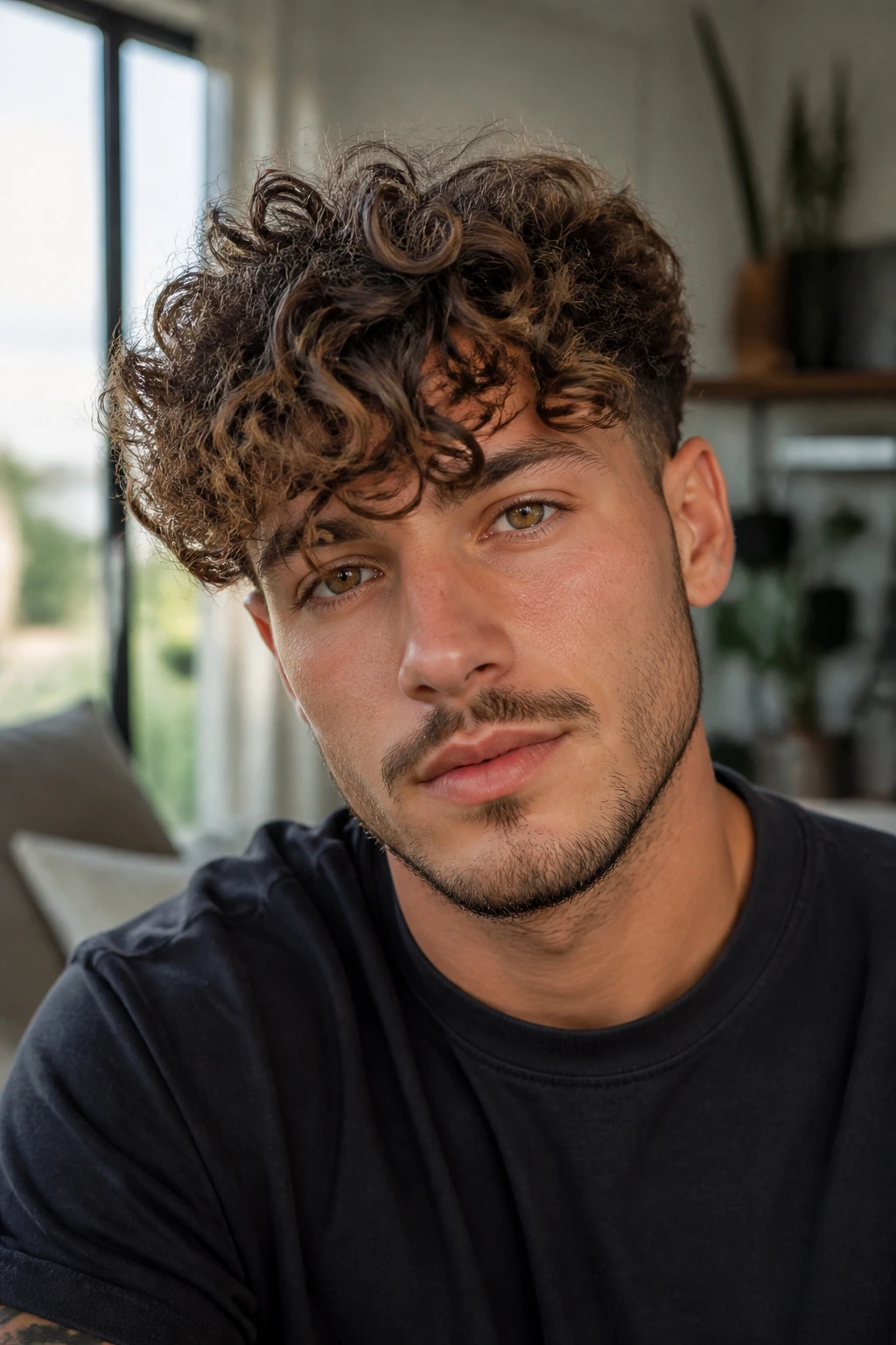 Close-up of a man with a long curly fringe that falls forward across the forehead