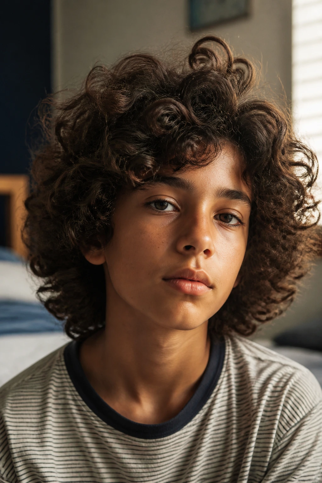 Close-up portrait of a real boy with long curly hair in warm natural light