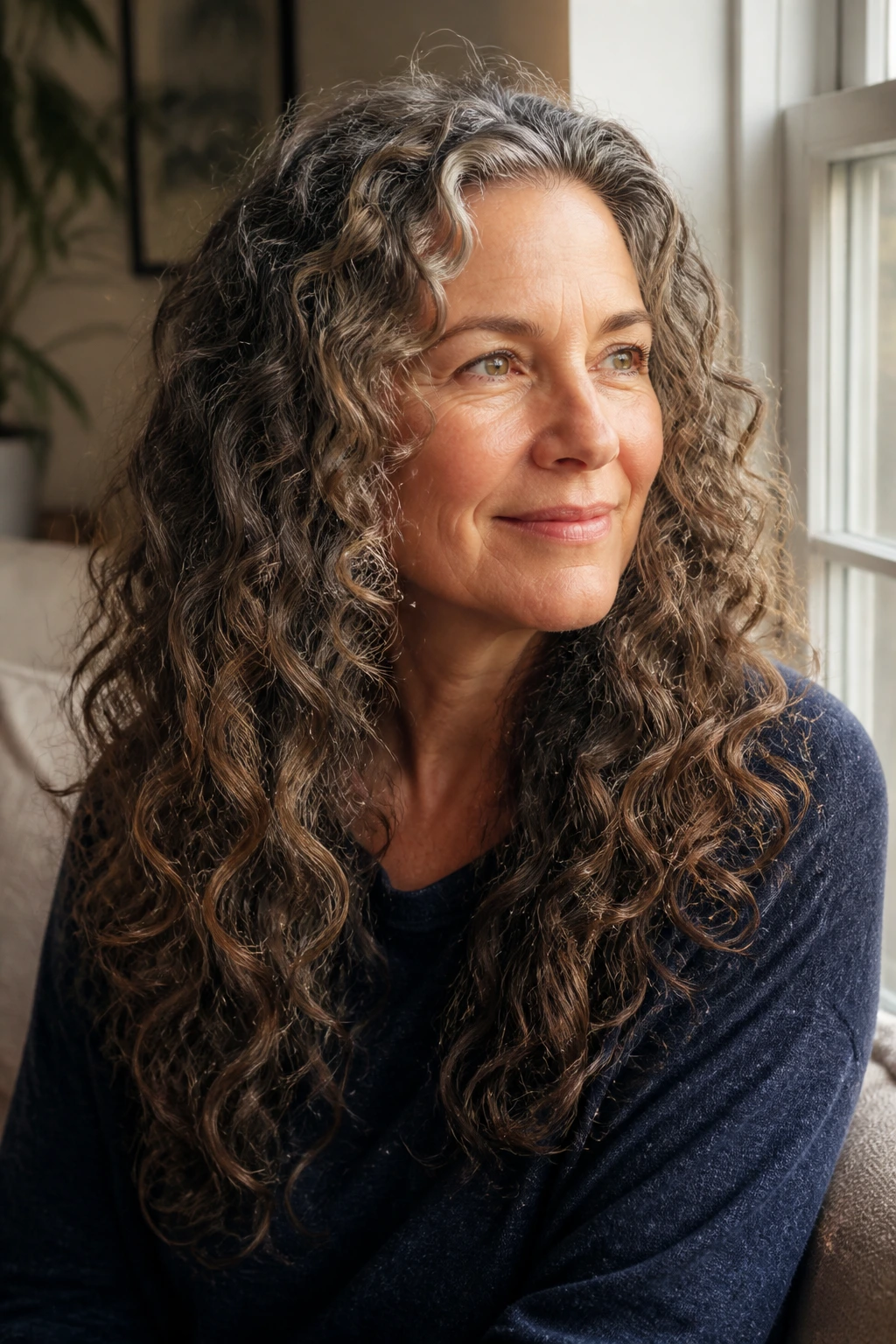 Portrait of a woman with long curly hair showing invisible interior layers