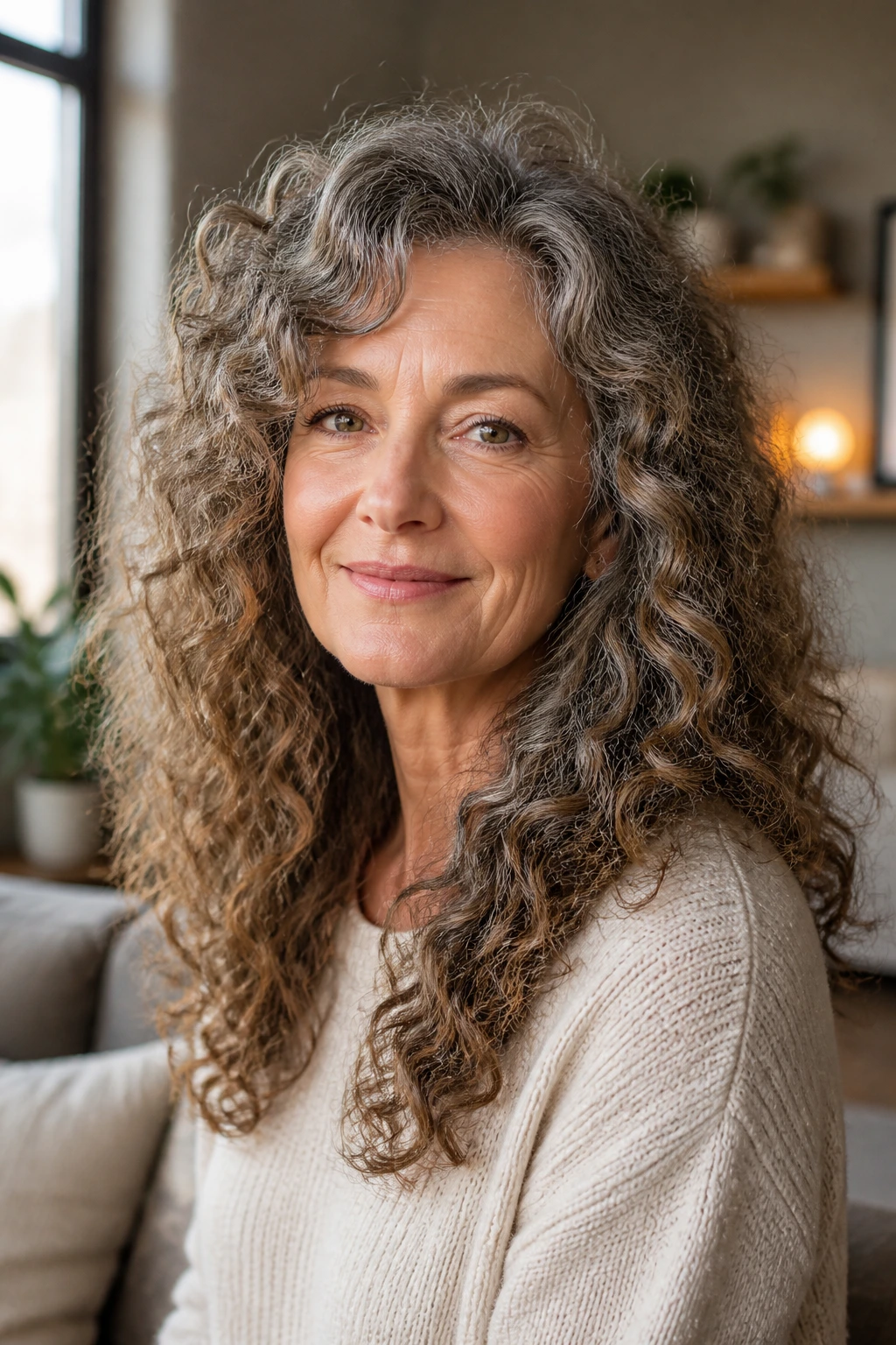 Close-up of a real woman with long curly hair in a cozy home interior