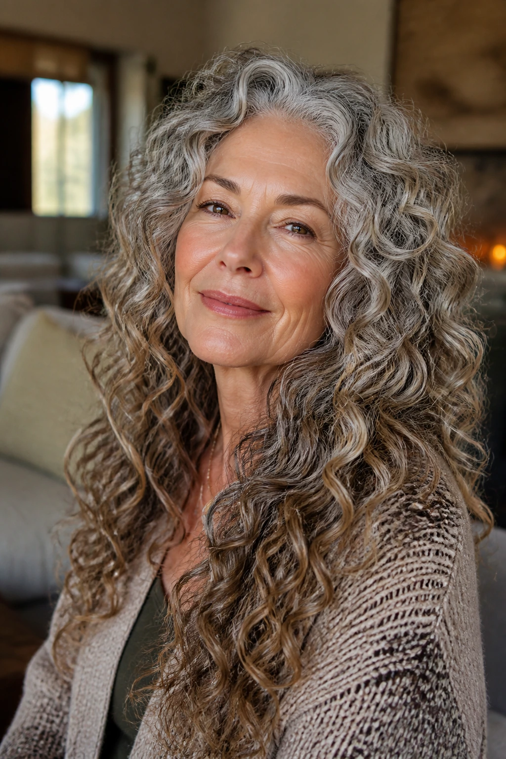 Close-up of an older woman with a long curly haircut in warm window light