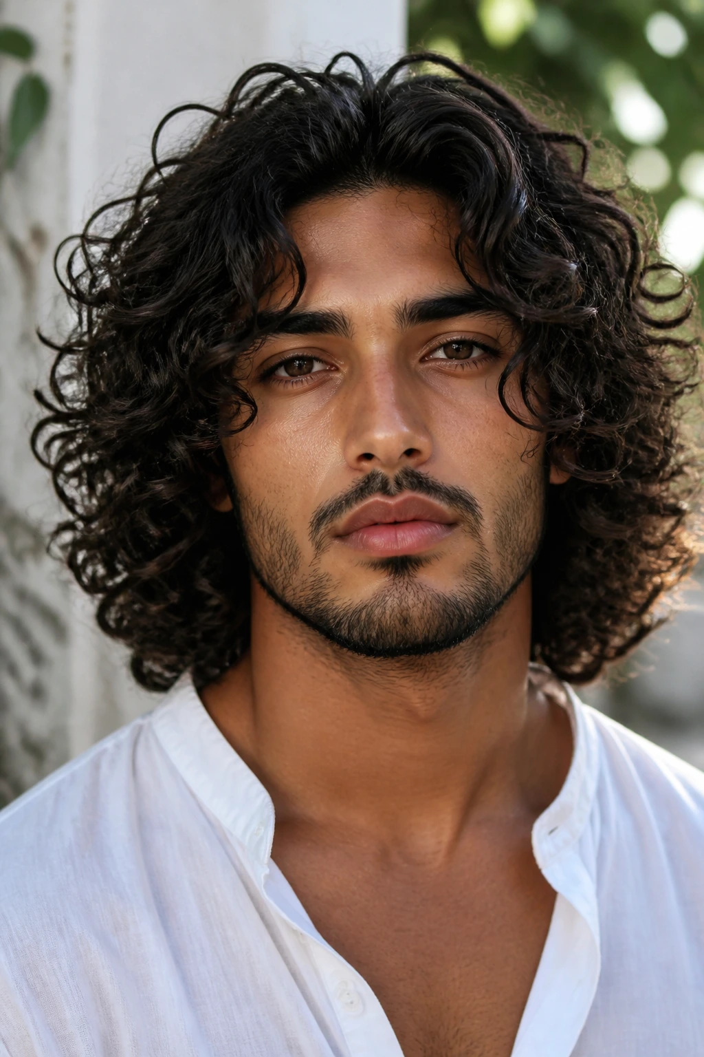 Portrait of a person with long curly halo hairstyle