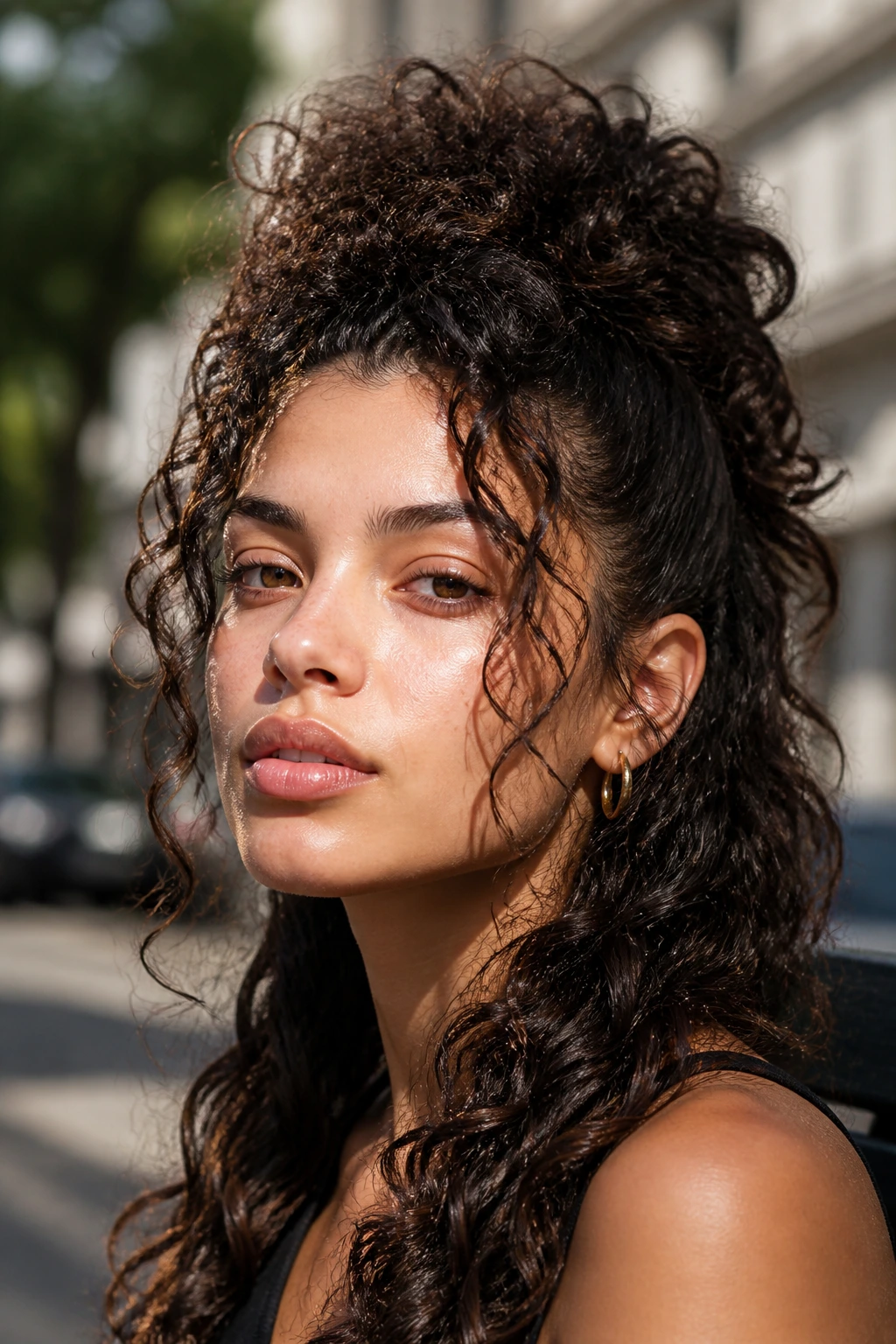 Close-up portrait of a real person with long curly face-framer hawk in a sunlit city setting
