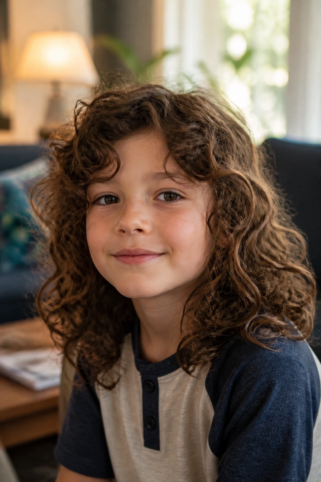 Close-up of a real child with long, layered curly hair.