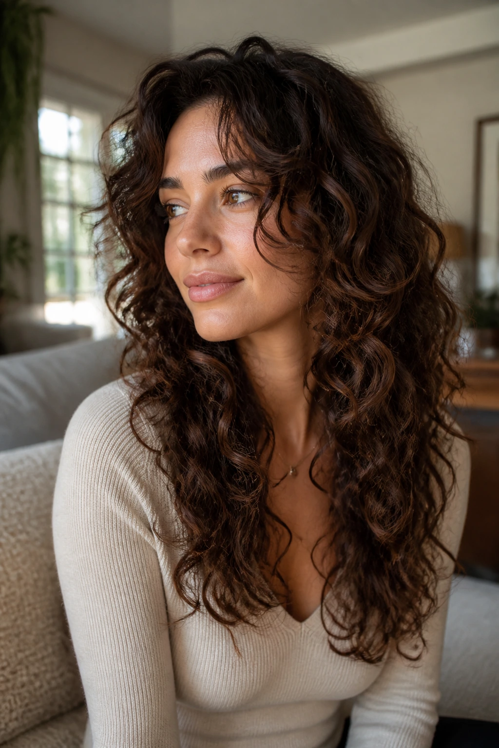 Portrait of a real person with long curly layers and face-framing pieces