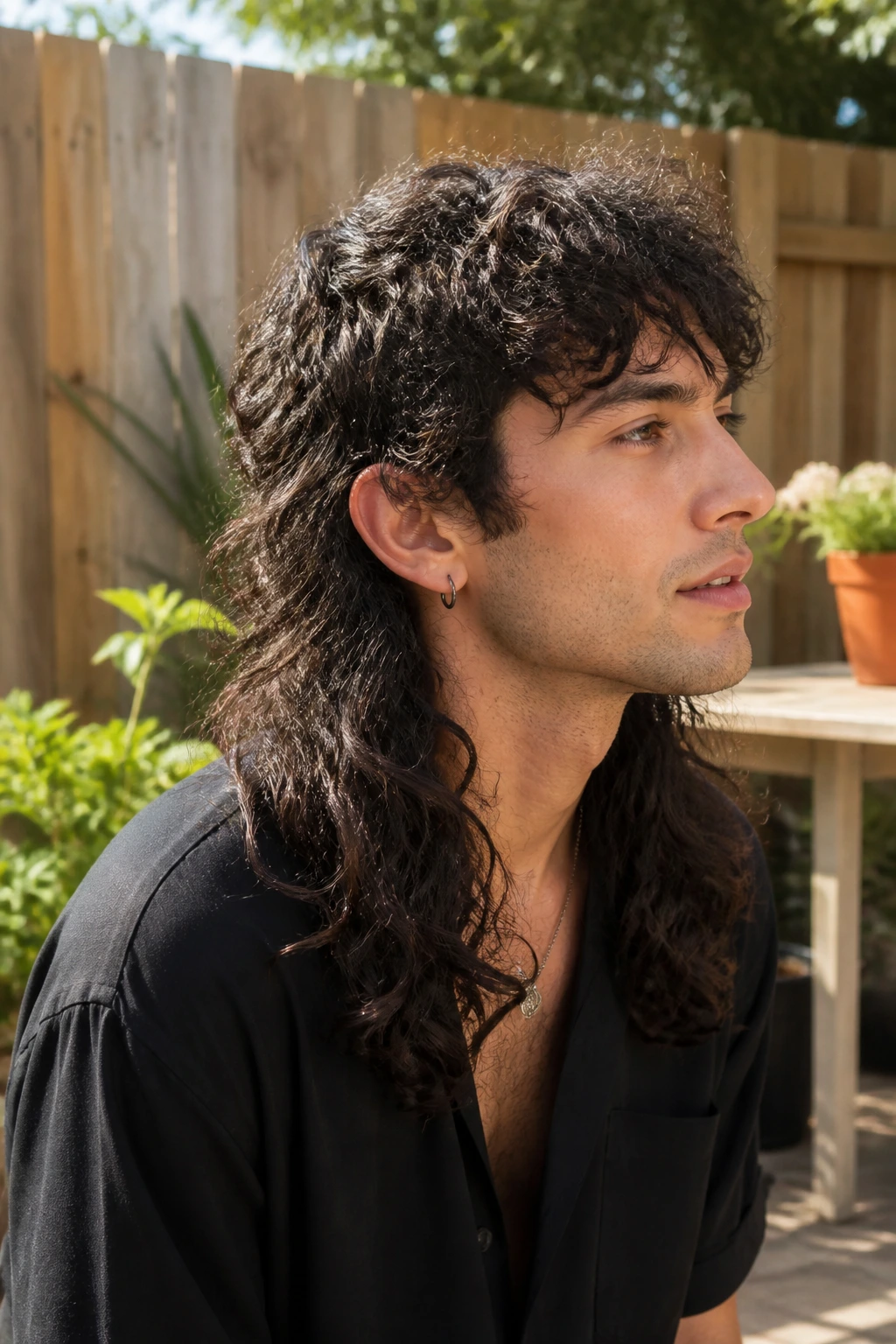 Real person with long curly mullet and crown layers in sunlit outdoor setting
