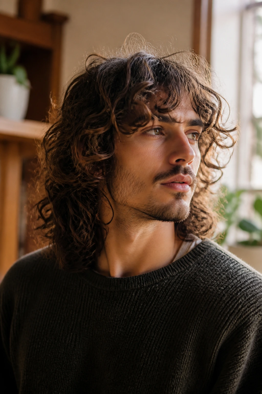 Portrait of a man with shoulder-length curly shag in warm natural light.