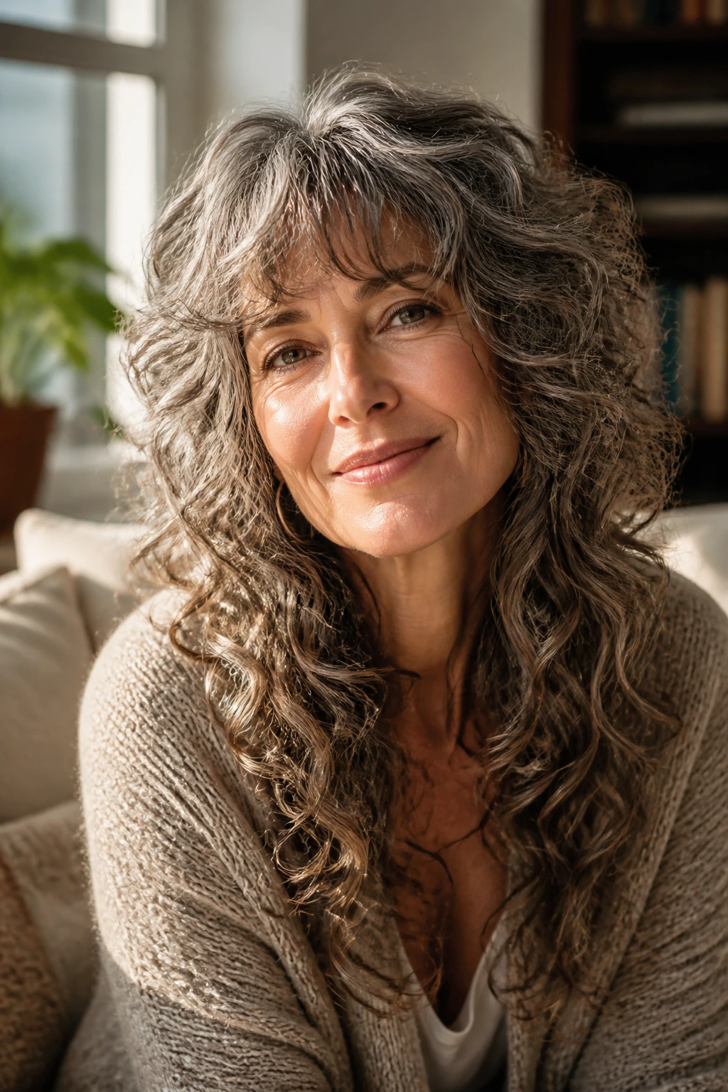 Portrait of a real woman with long curly shag that adapts to changing texture over time