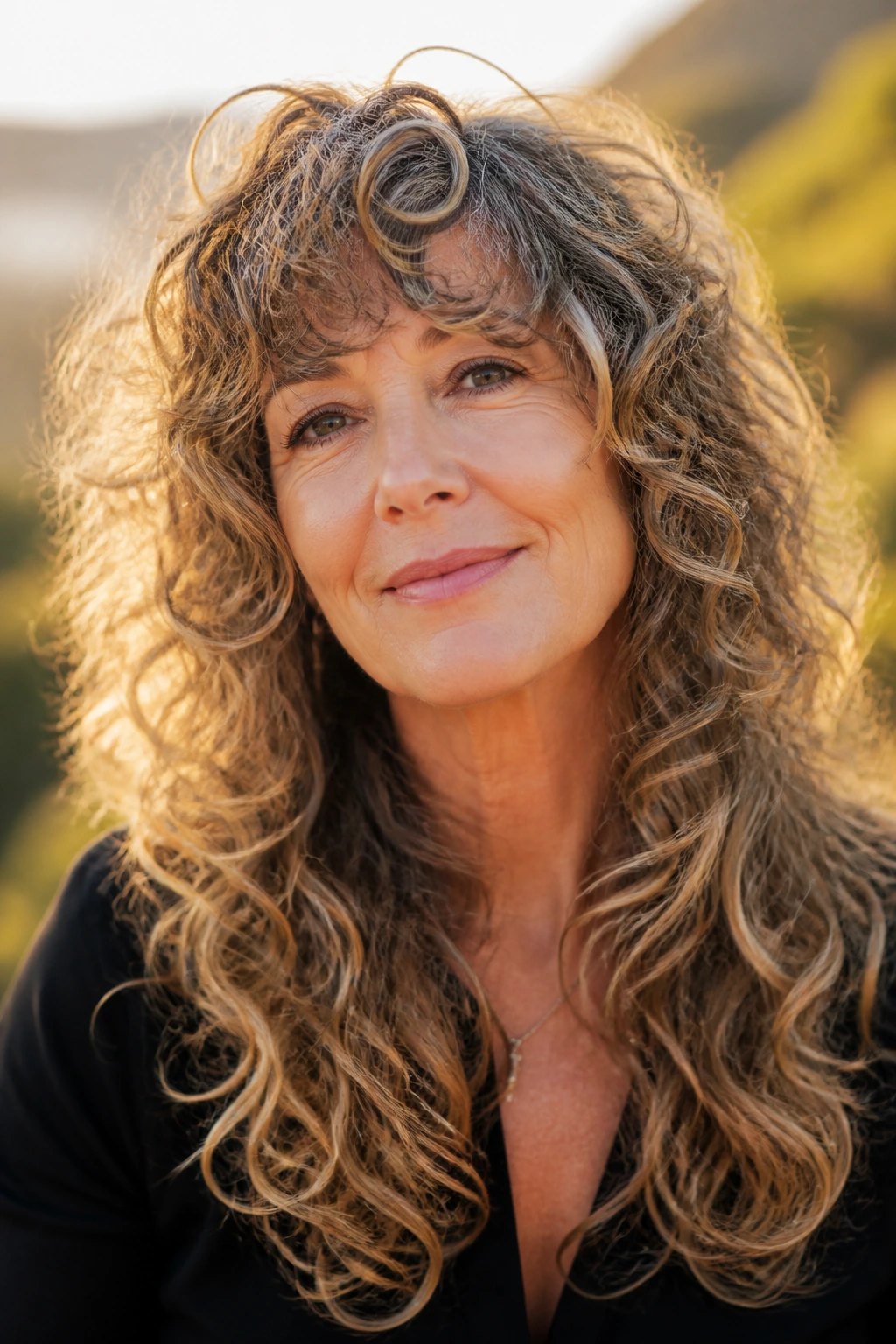 Close-up of a real woman with long curly shag and feathered ends outdoors at golden hour