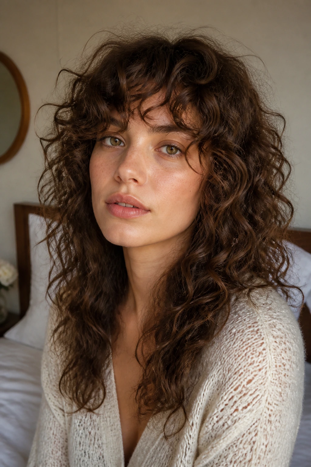 Close-up of a real woman with a long curly shag and light fringe in natural window light