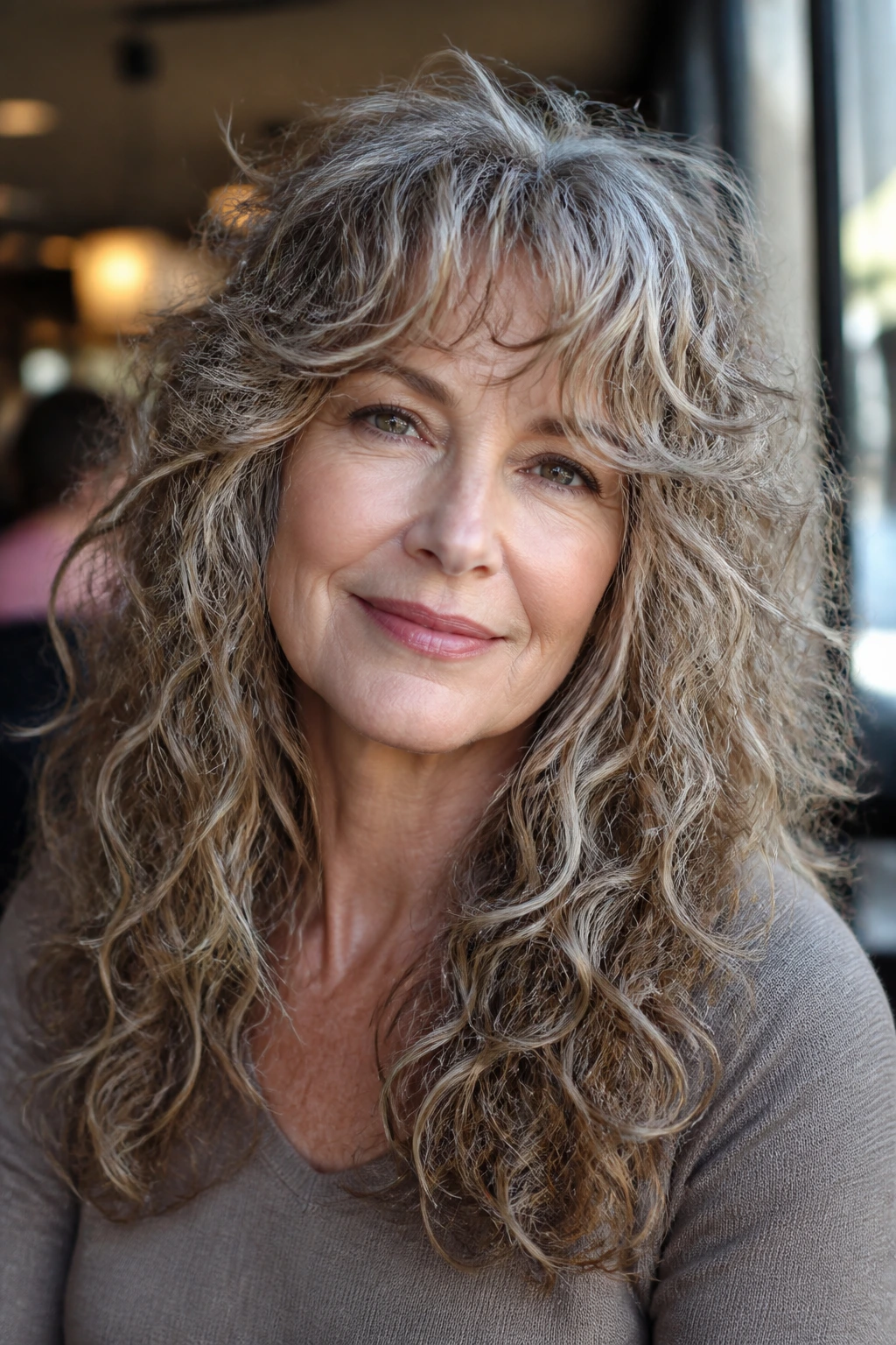 Real woman with long curly shag and soft bottom line hair framing the shoulders