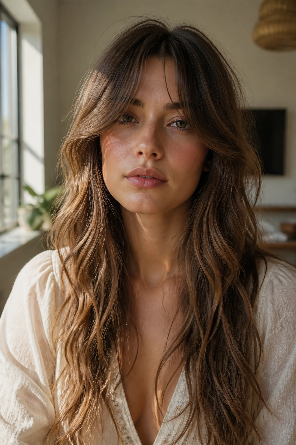 Close-up of a real woman with long curtain bangs and boho shag in warm window light