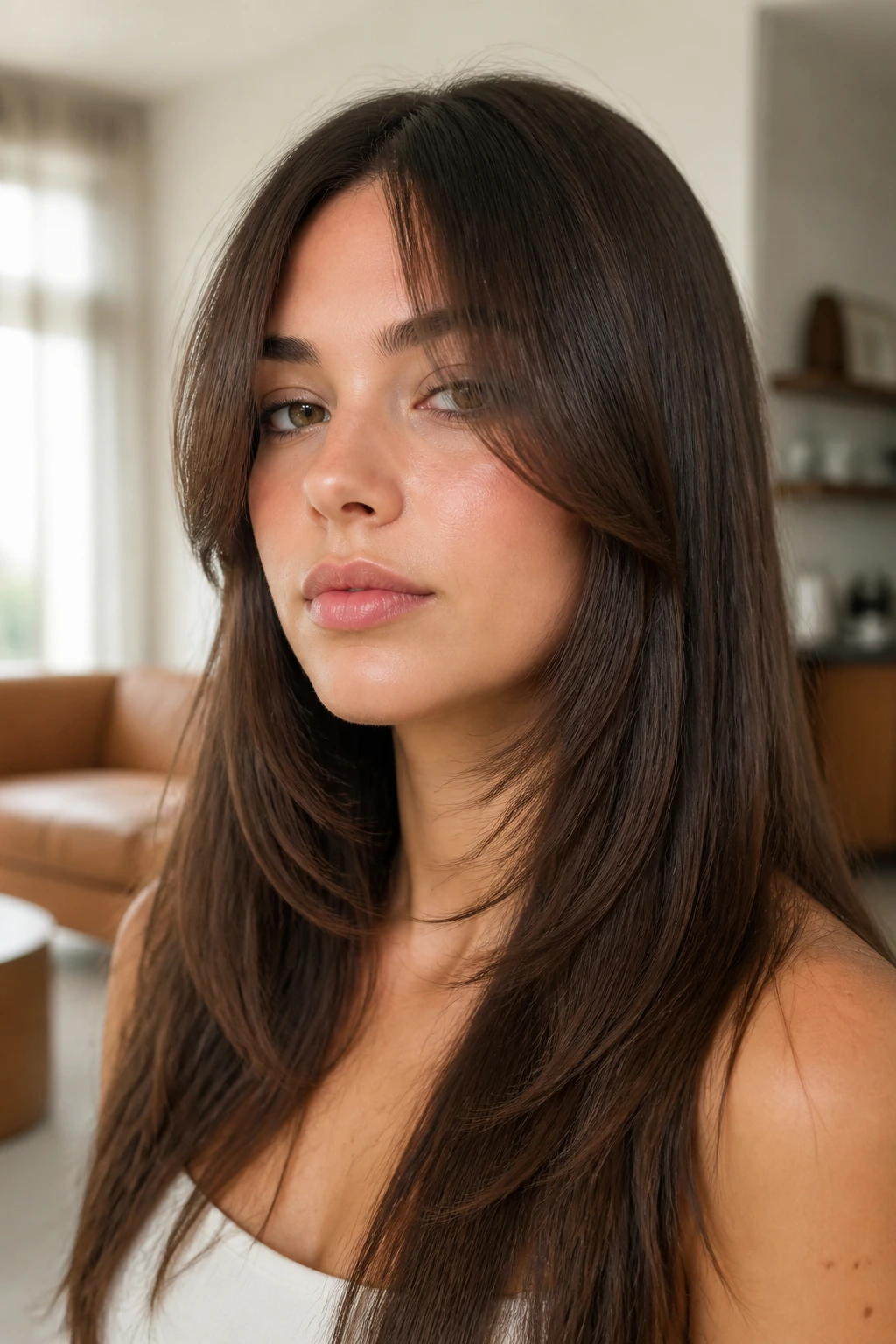 Close-up of long curtain bangs split at the cheeks on a real woman's face