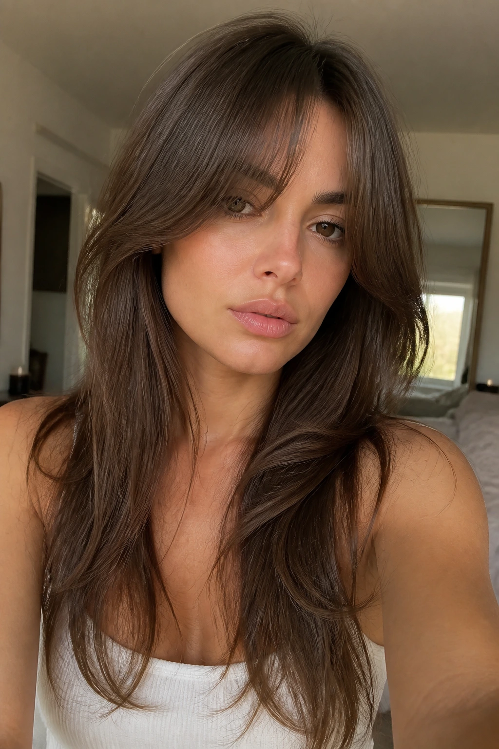 Close-up of a person with long curtain bangs and face-framing layers in soft light
