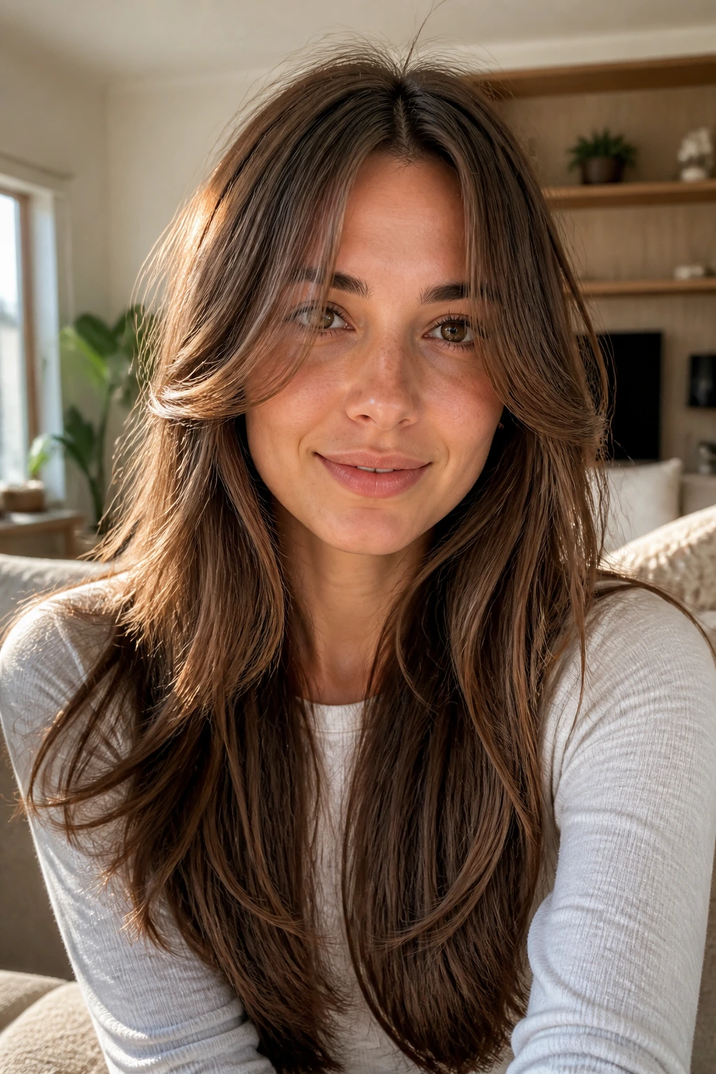 Close-up of a real woman with long curtain bangs that frame the face in a sunlit room.