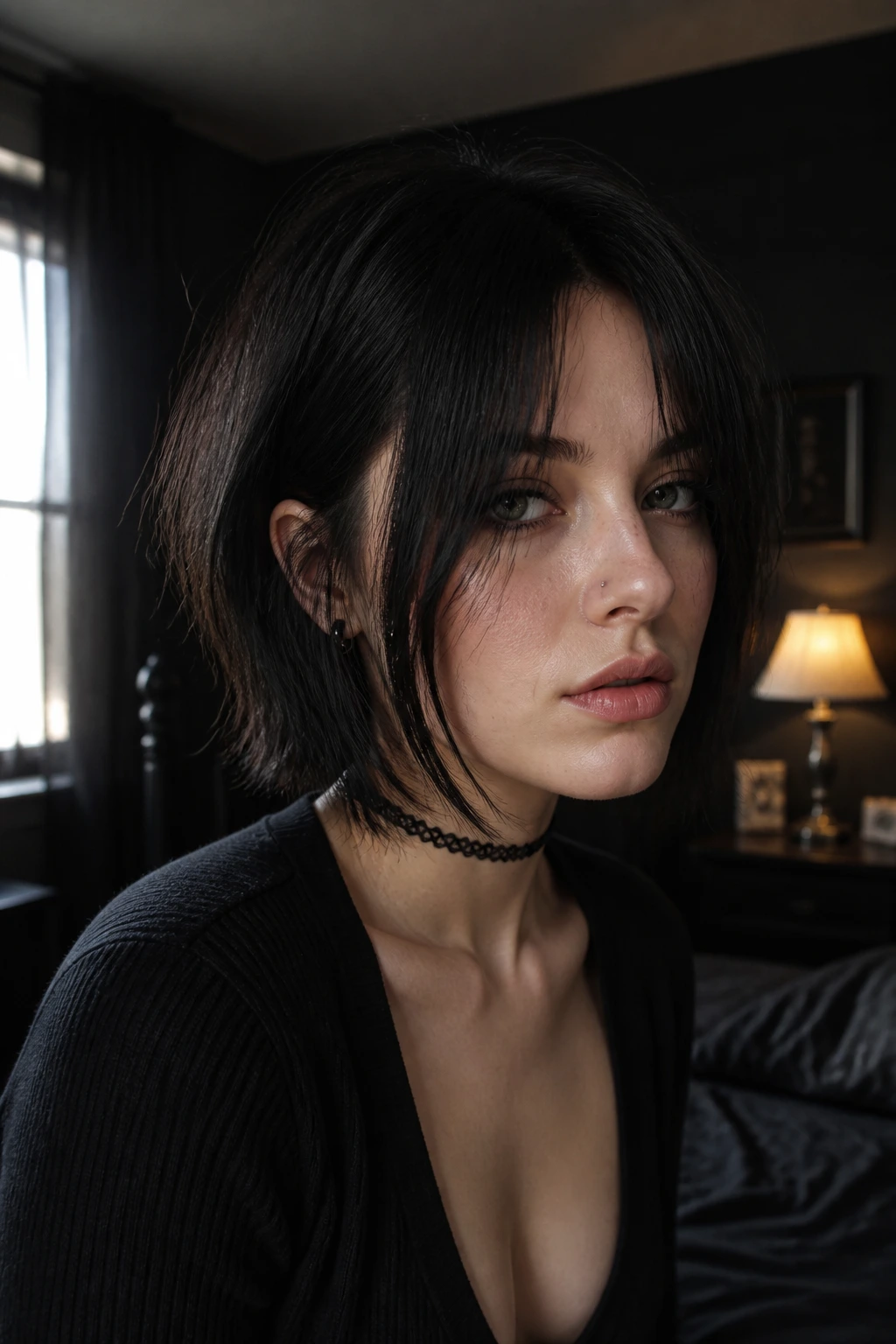 Real person with long goth curtain fringe cascading past cheeks in moody light.