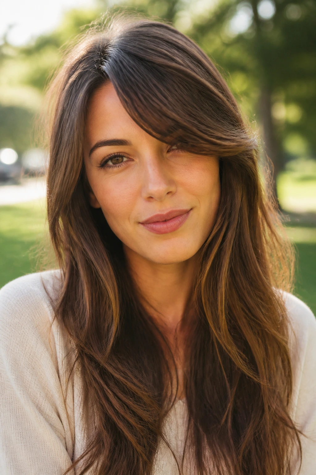 Close-up of person with long curtain-inspired side bangs