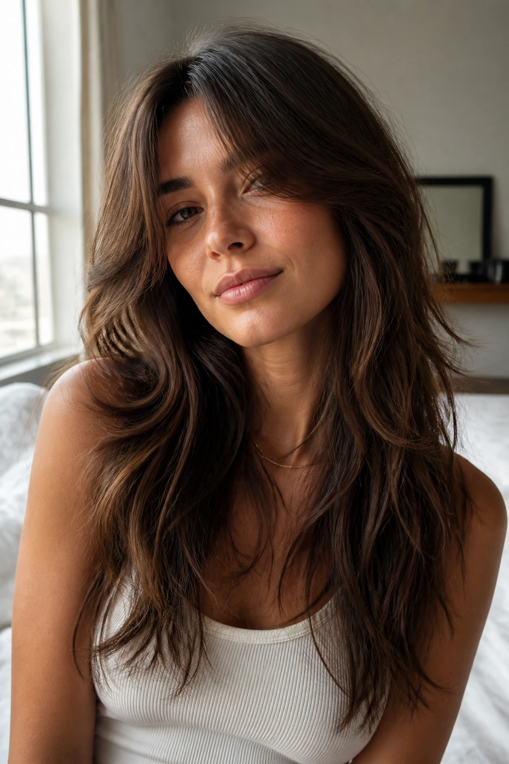 Close-up portrait of a real woman with a long curtain shag featuring face-framing layers in natural window light.