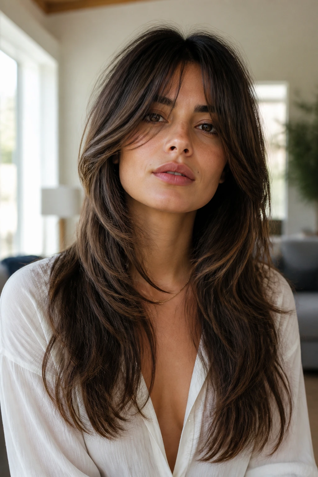 Close-up portrait of a real woman with long curtain shag framing her face.
