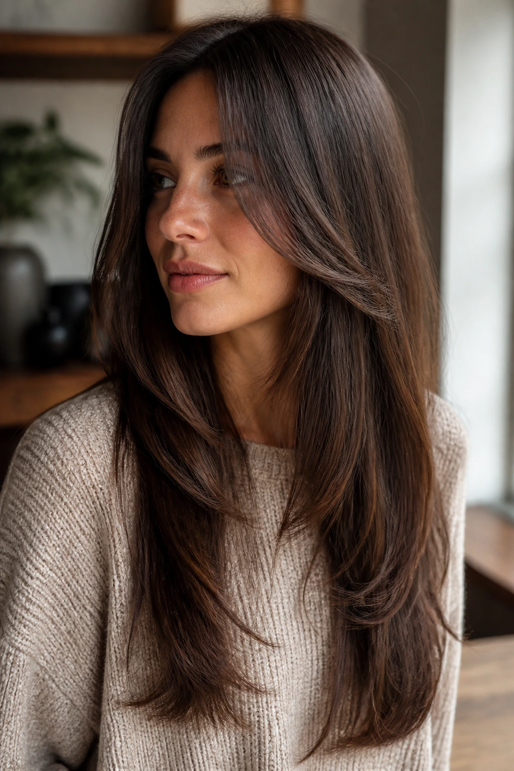 Portrait of a woman with a long cut and barely-there layers framing her face.
