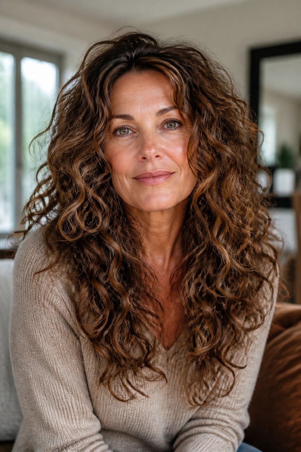 Portrait of a real woman with long curly hair showing internal layers and smooth outer line, natural window light.