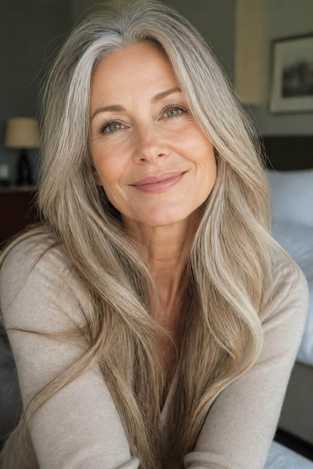 Portrait of a real woman with long hair showing texture and density in soft lighting.