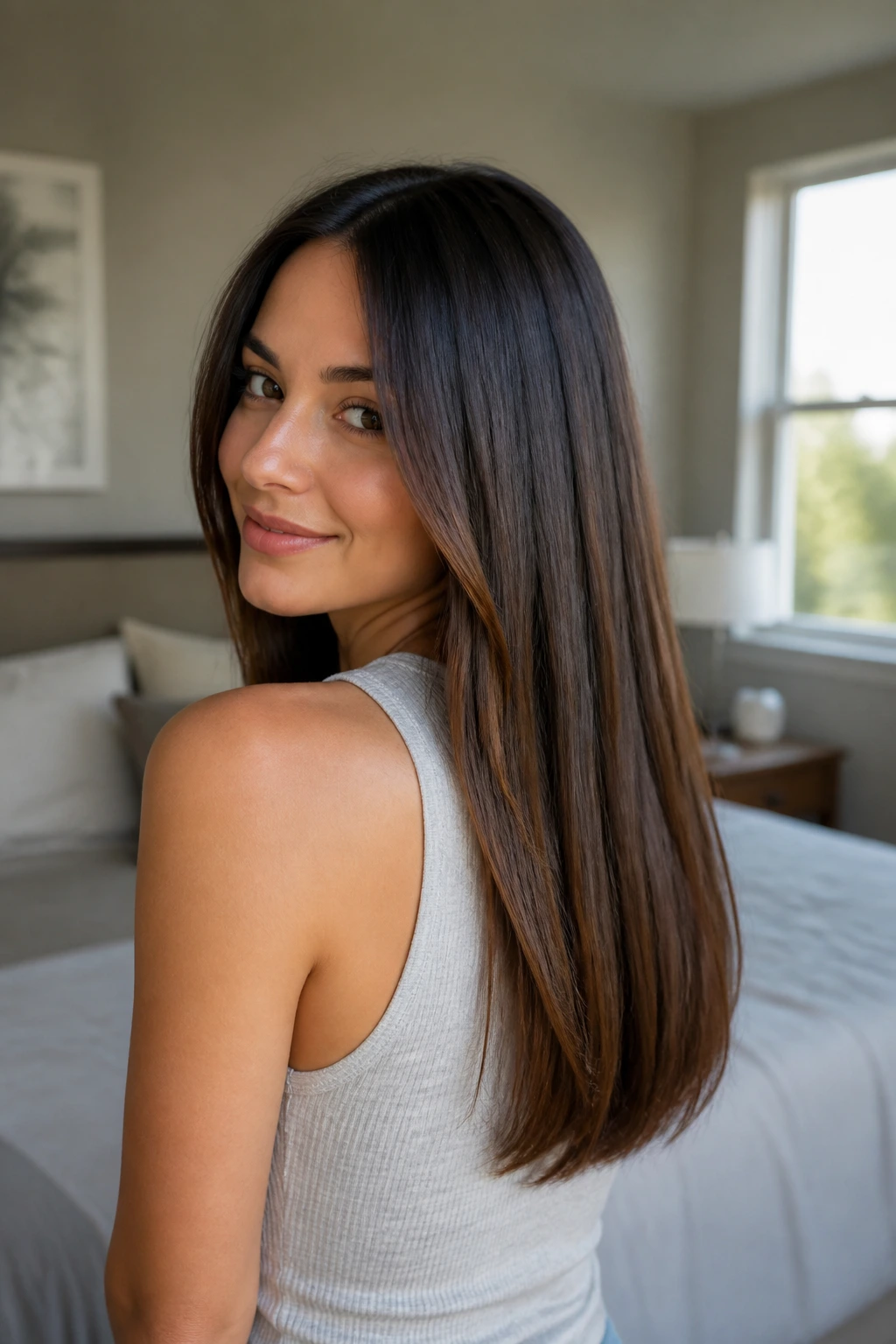Medium close-up of a real person with a simple long-cut hairstyle.