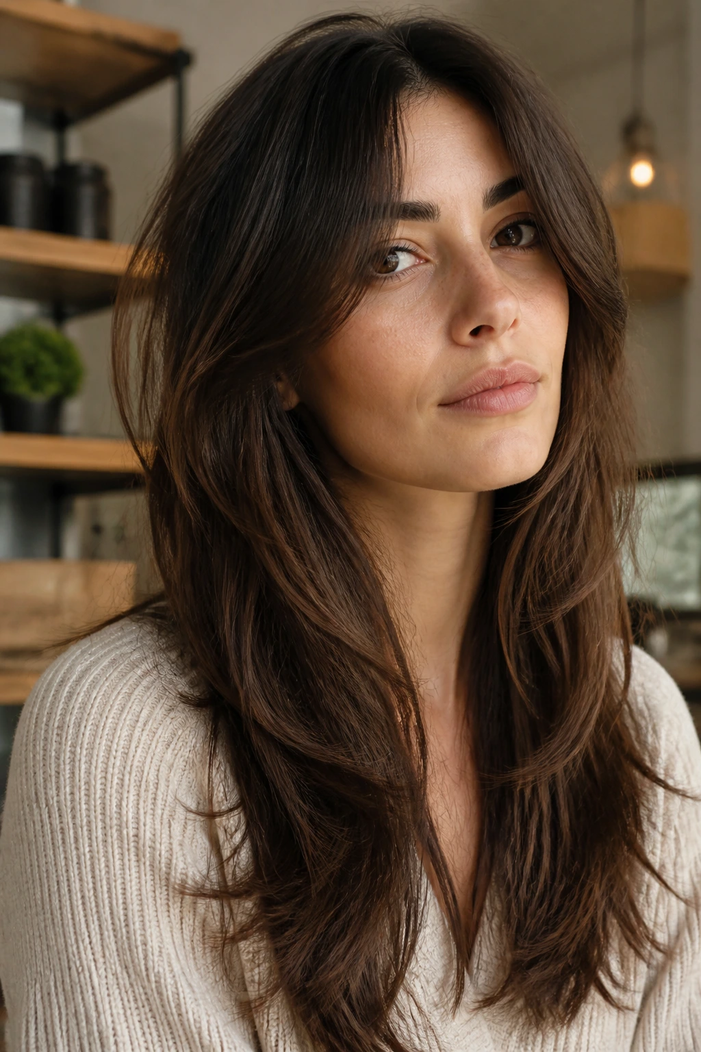 Close-up portrait of a real woman with long layered hair, representing long cut options.