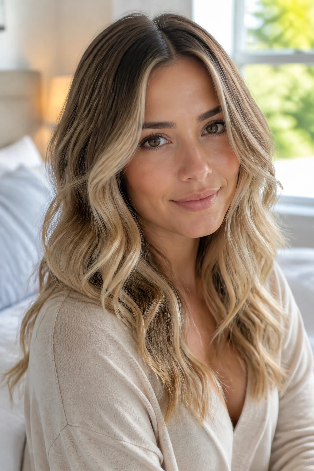 Close-up of a real woman with soft waves for a long-day hairstyle in bedroom light
