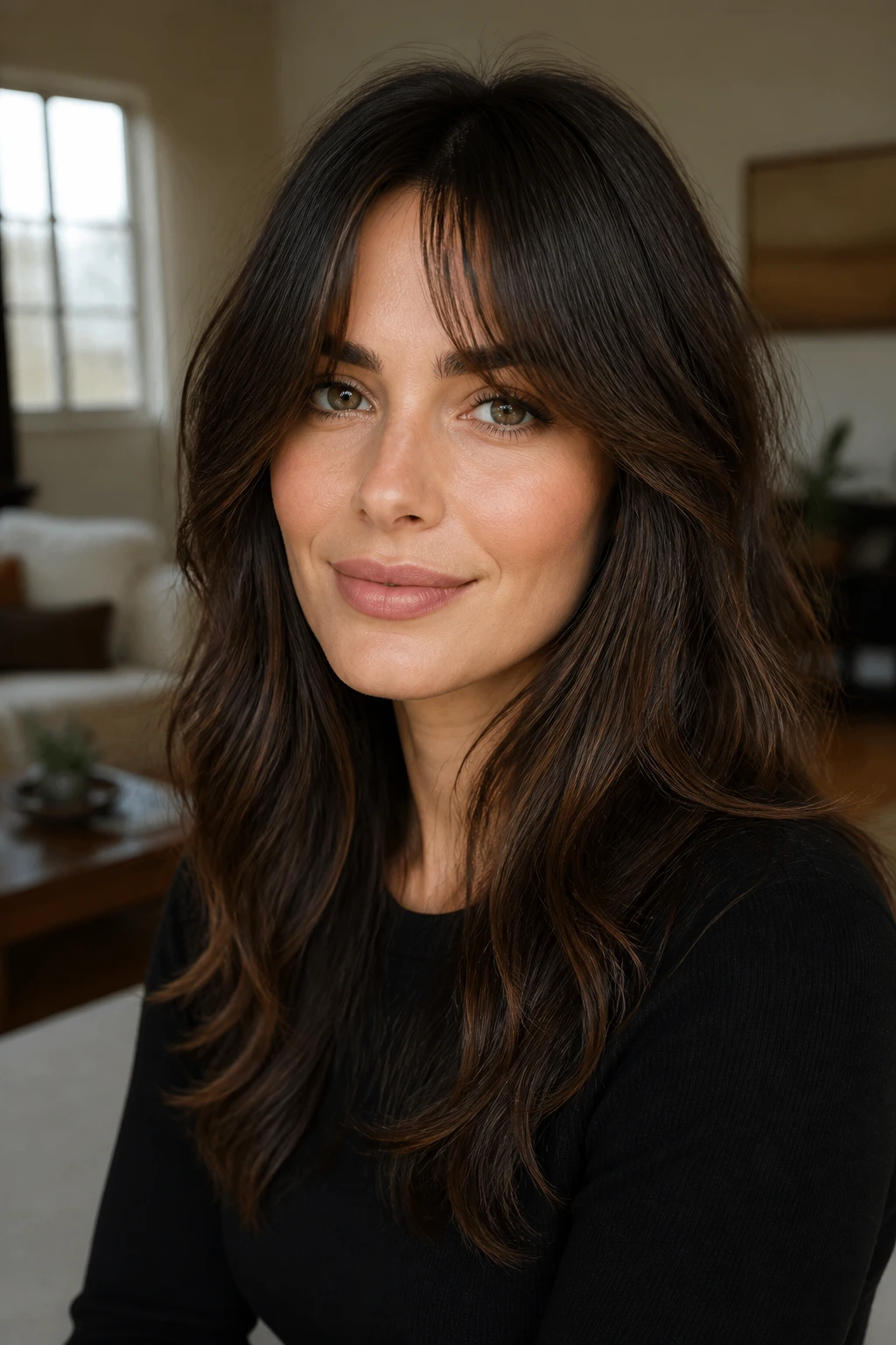 Close-up portrait of a real woman with a flattering long-face hairstyle emphasizing cheekbones