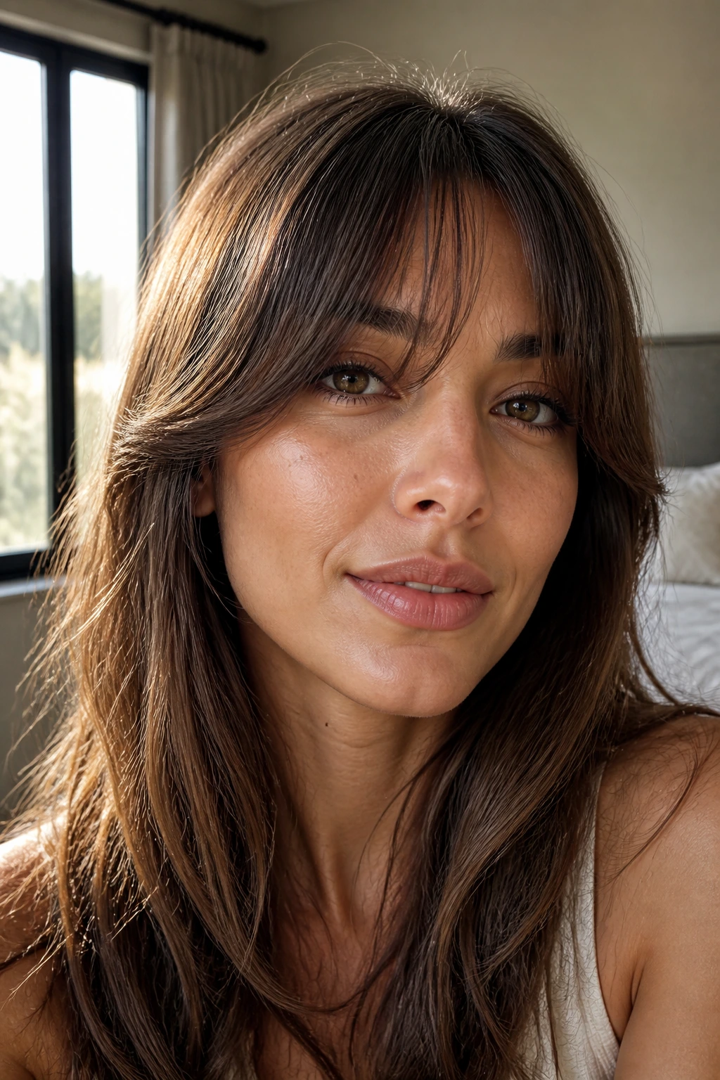 Close-up portrait of a real woman with long-face soft bottleneck bangs in window light
