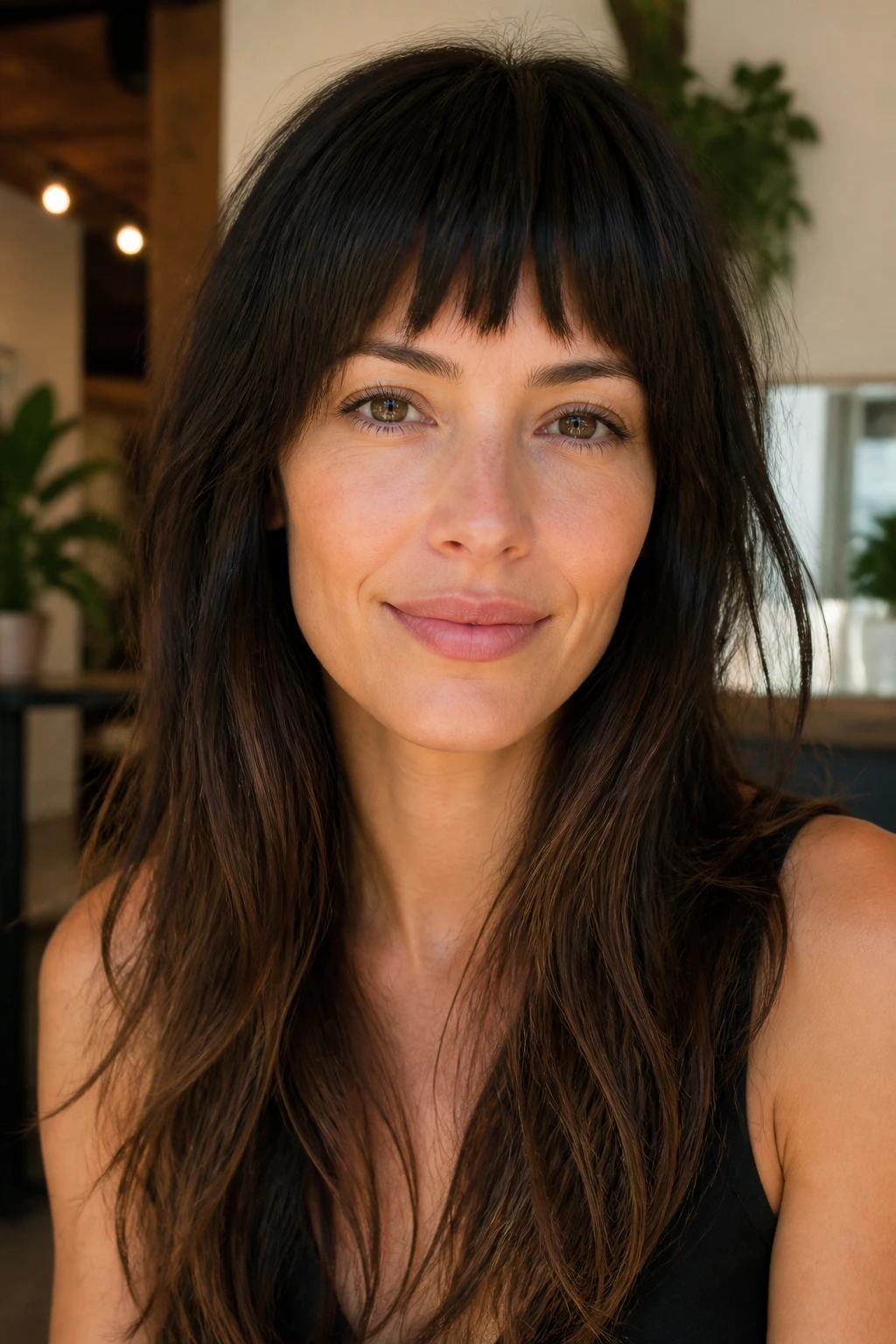 Close-up of a real woman with fuller choppy bangs balancing a long face