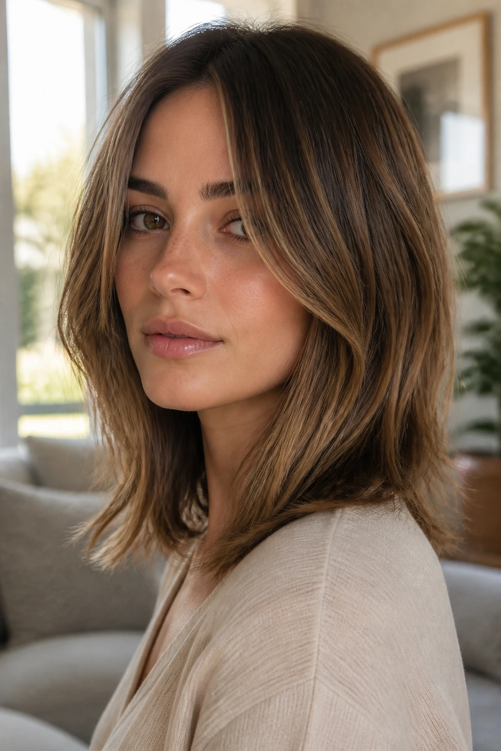 Close-up of a person with long face-frame lob framing the cheekbones