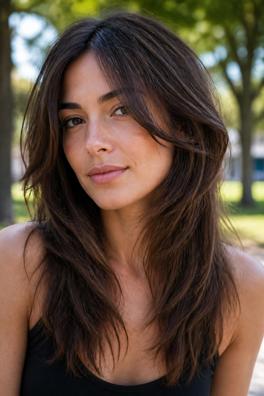 Real woman with long face-frame shag showing front framing around cheeks