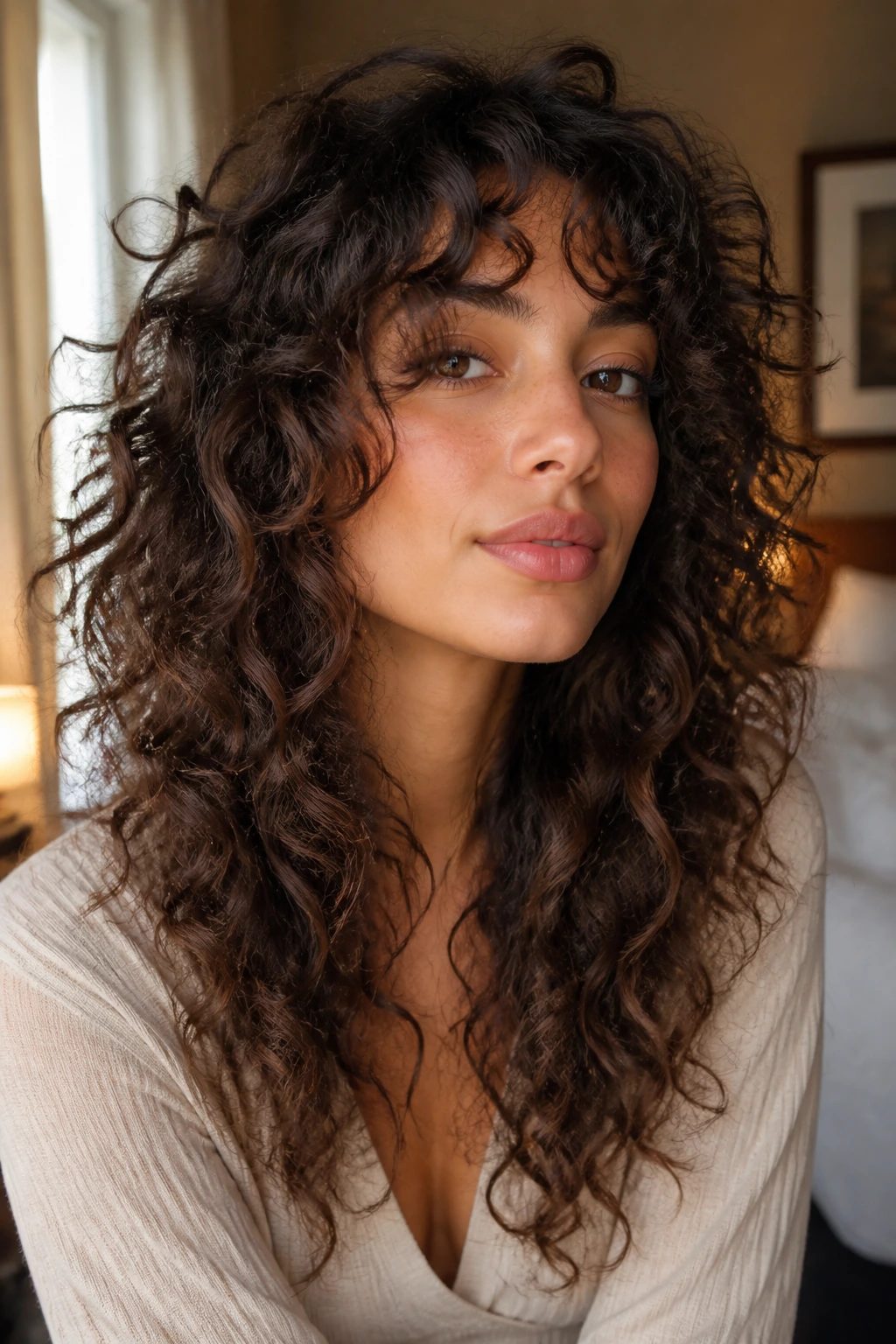 Close-up of a real woman with long face-frame shag, curls framing cheeks under warm window light