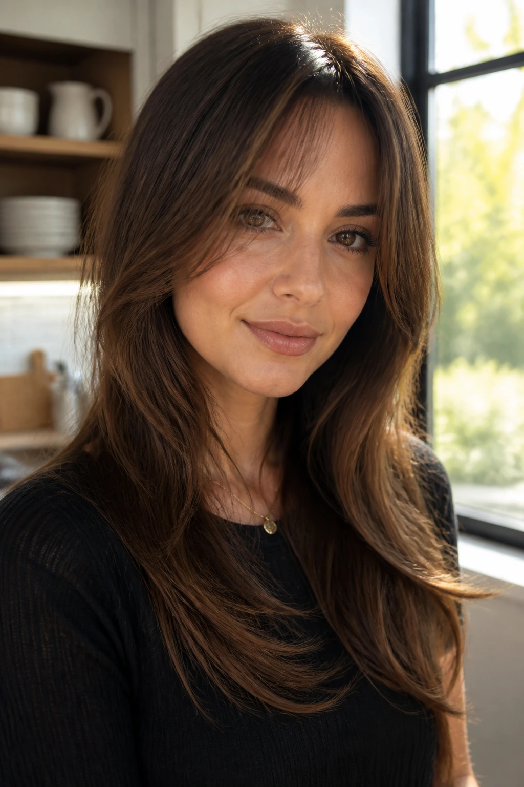 Close-up of a real woman with long face-framing bangs blending into layers.