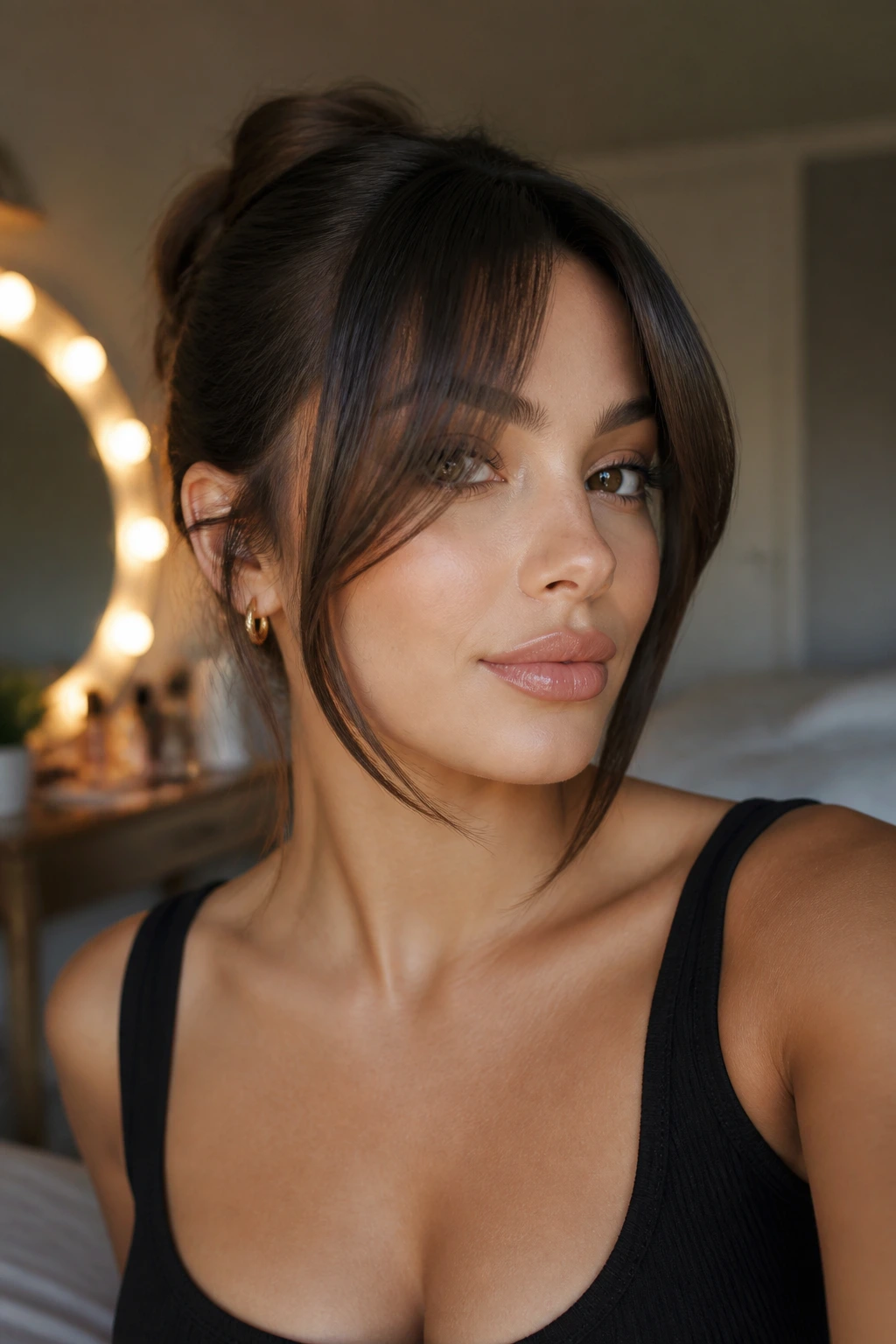Close-up portrait of a real person with long face-framing fringe in warm light