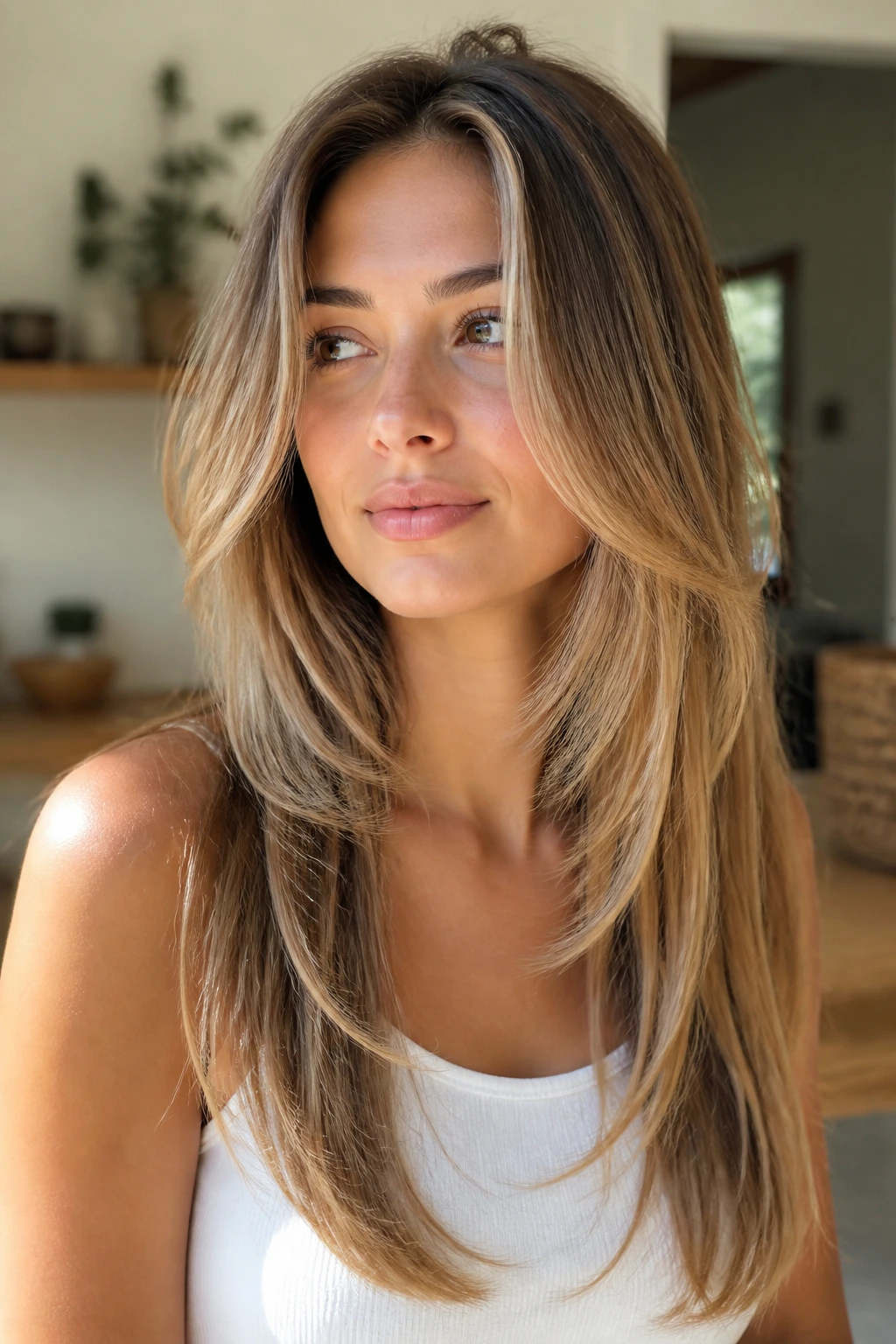 Close-up portrait of a real woman showing chin-level front layers framing the face