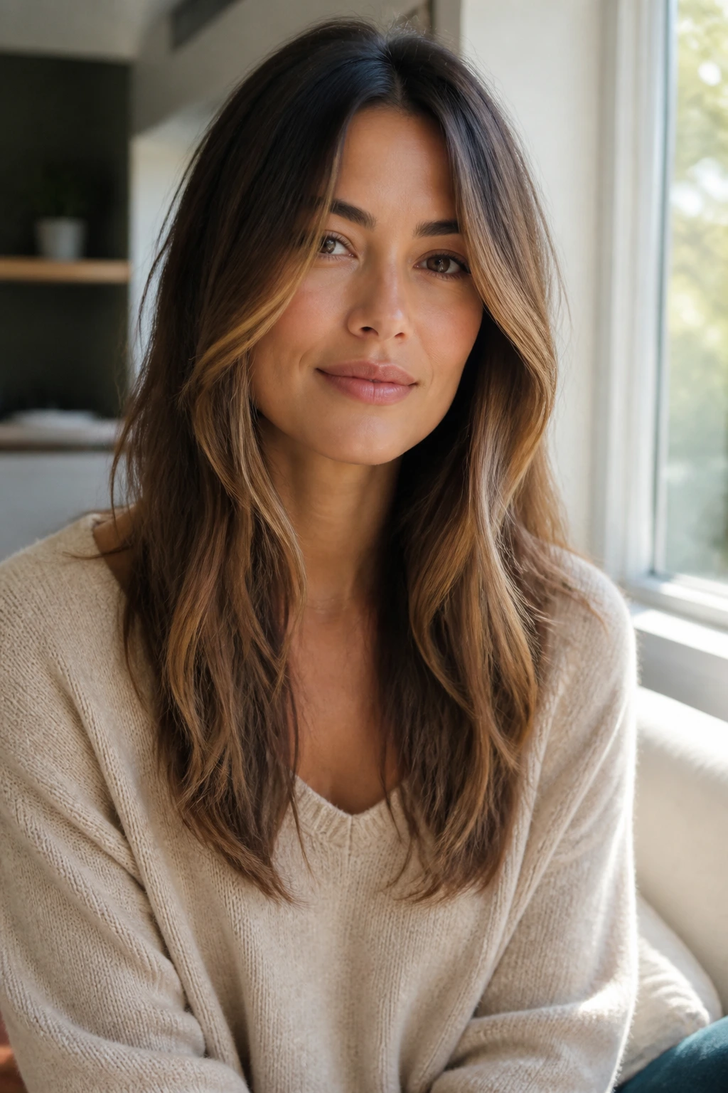 Portrait of a real woman with long face-framing layers past the collarbone and highlights